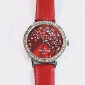 Boussivie Red Crystal Bezel Ladies Quartz Watch, New Battery